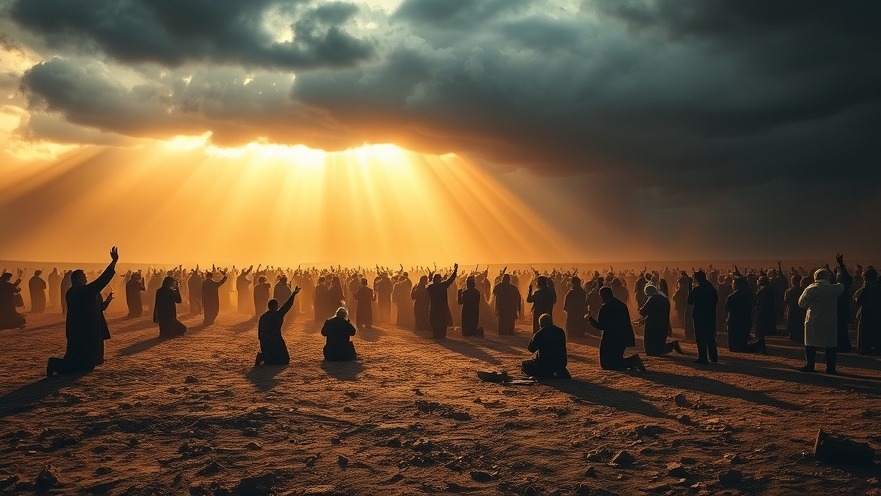 Gathered in collective prayer, figures seek spiritual awakening in a dramatic landscape.