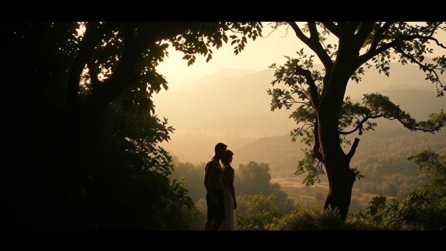 Adam and Eve in the Garden of Eden reflecting divine love at dawn.