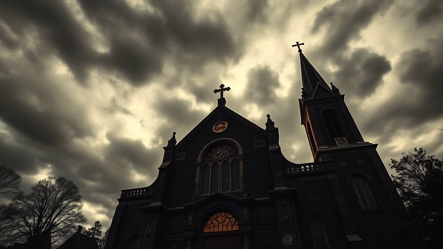 Dramatic church façade under stormy sky, symbols of conflicts and peace of Christ.