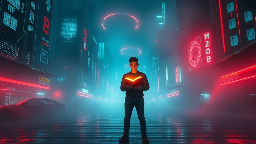 A young man in cyber city holding a glowing book, symbolizing intercessory prayer.