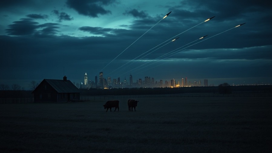 Rural farm under dusky sky, highlighting public safety issues amid chemtrails and city glow.
