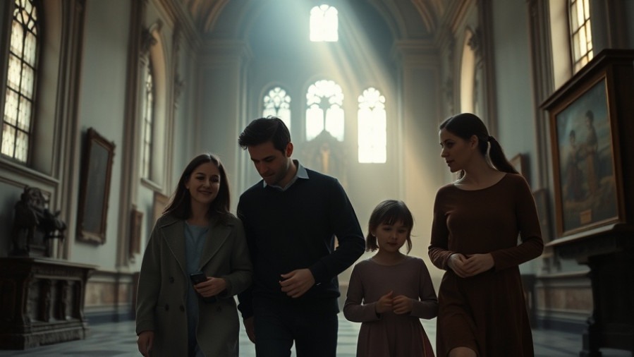 Spiritual Parenting: Family exploring an ethereal museum with biblical guidance.