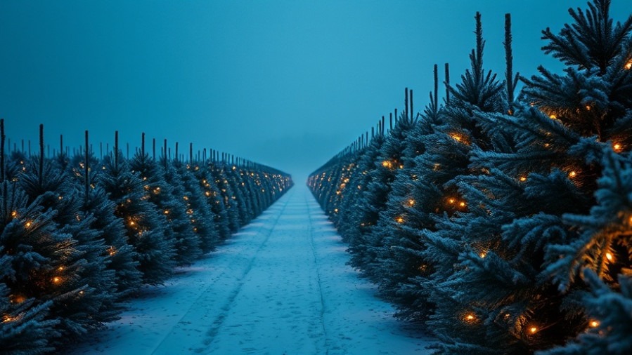 A serene Christmas tree farm draped in snow, evoking the Power of Prayer and miracles.