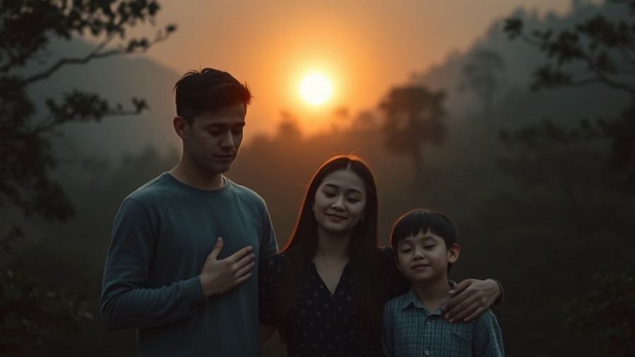 A couple praying for family salvation in a serene mountain park, inspired by James Goll's biblical teaching.