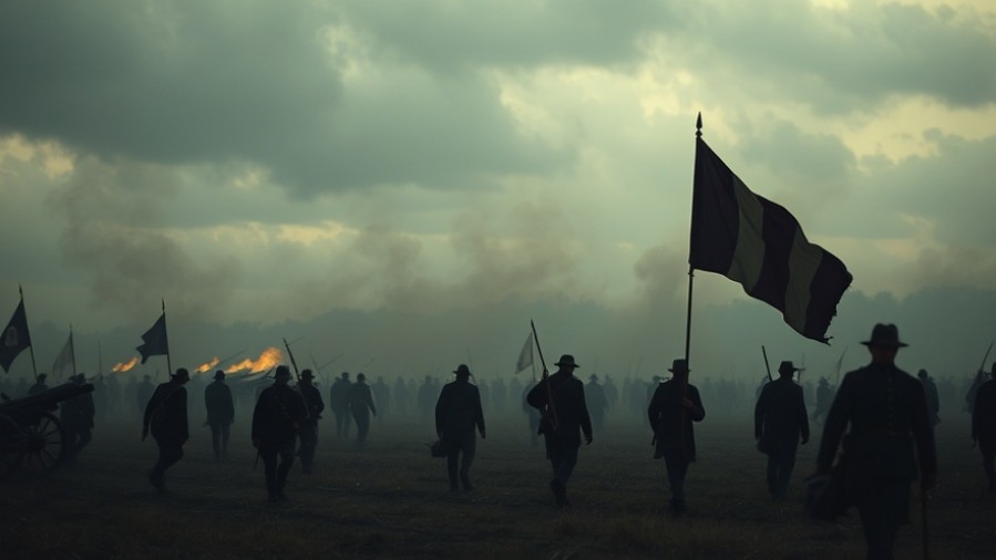 Cinematic Civil War scene with soldiers in period uniforms amidst smoky battlefield, reflecting spiritual warfare.