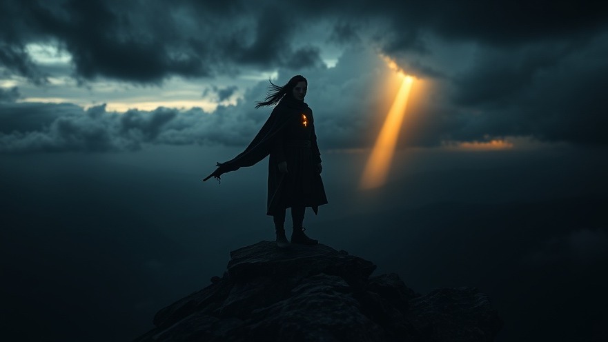 A figure in spiritual warfare stands on a cliff at twilight, illuminated by warm light.