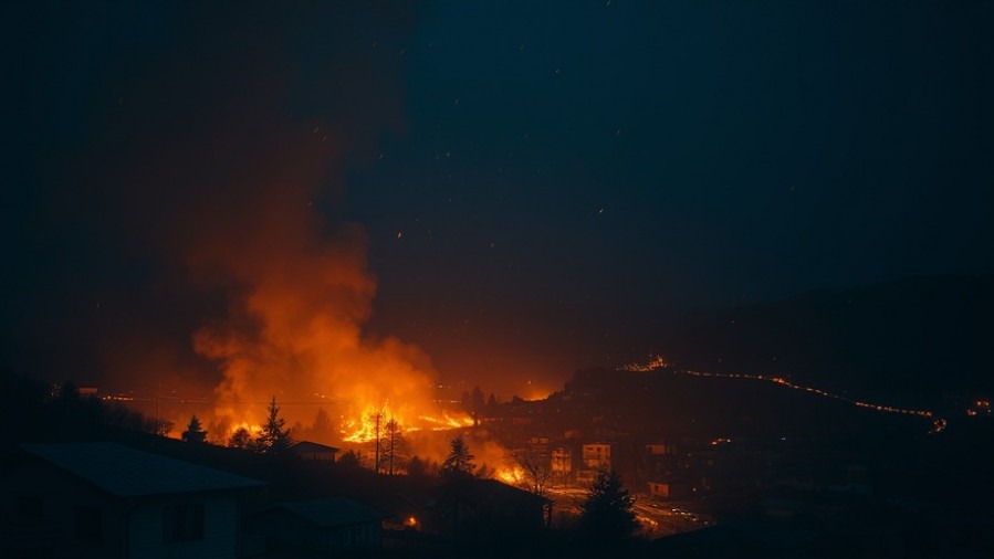 A dramatic scene of fiery trials in a small town, embodying spiritual warfare.