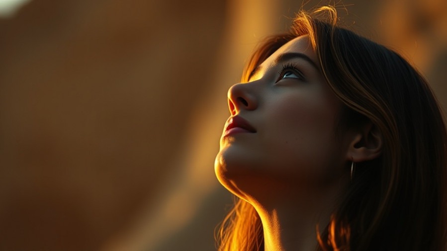 A woman in awe during her spiritual awakening, illuminated by a golden glow.