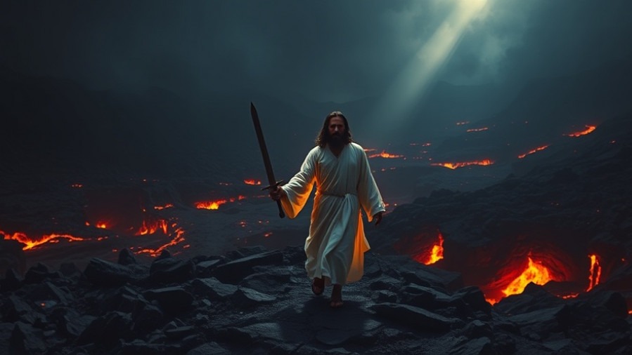 Jesus in glowing robes wields a sword amid hell's landscape, embodying victorious living.