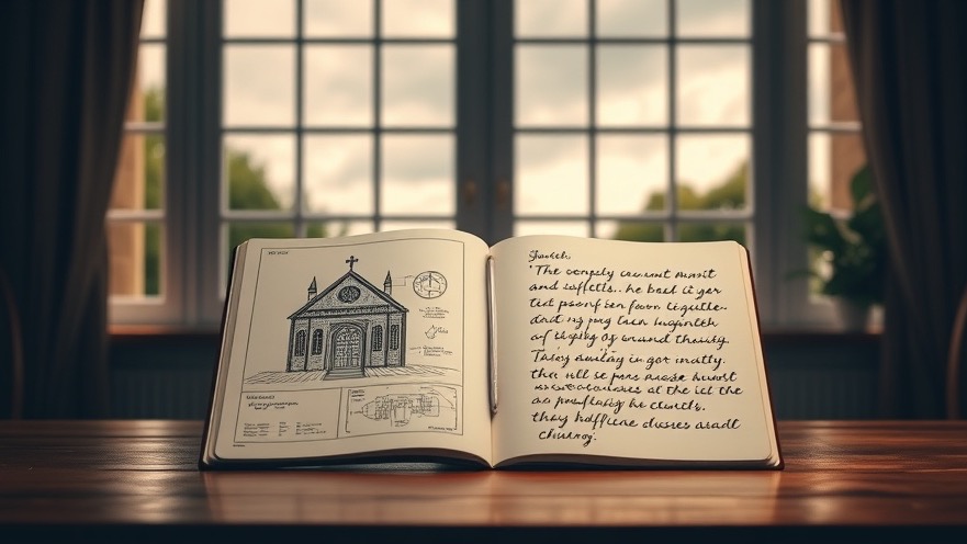 Open journal on a wooden table shows church sketches, embodying Christian fellowship and personal growth.