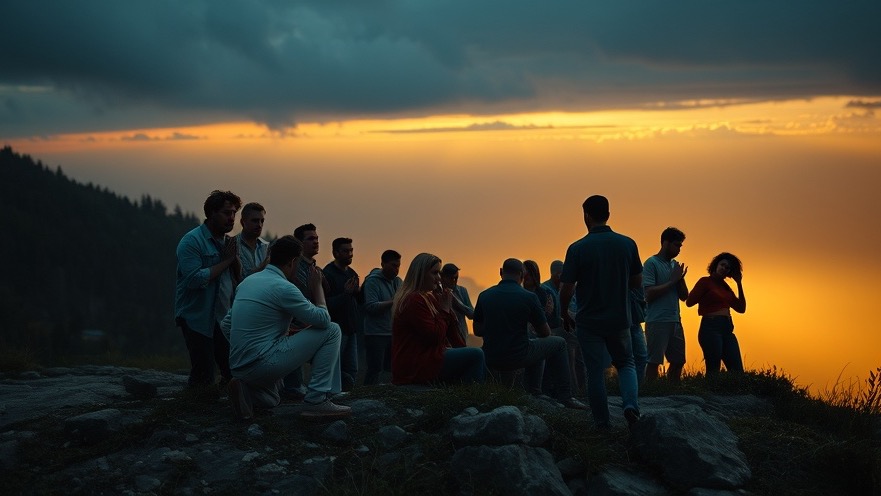 Christians in fervent prayer, embodying revivalists' spirit in spiritual warfare.