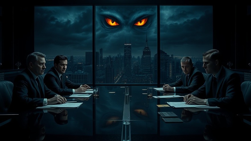 Tense boardroom meeting evokes cultural deception amid end-time power dynamics.