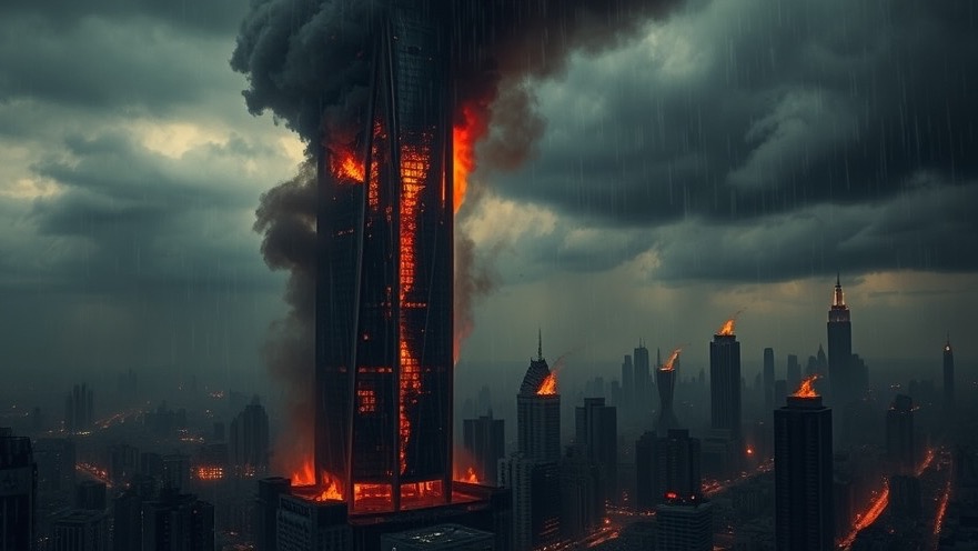 City in flames depicting revival, prophetic voices, and divine sounds amidst chaos.