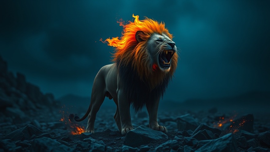 Powerful lion roaring in a fiery mane, symbolizing spiritual strength and revival.