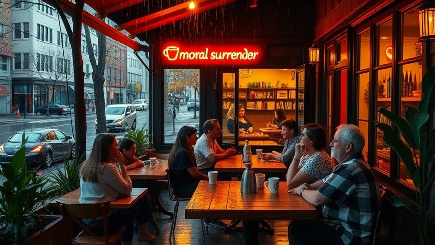 Cozy café scene with 'moral surrender' sign, people maintaining faith amid cultural pressure.