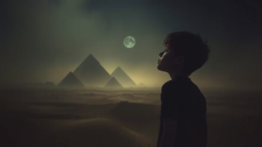 A young person in a cinematic scene dreaming of divine dreams and pyramids.