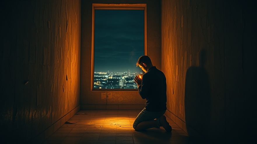 A figure in spiritual warfare kneels in prayer, illuminated by candlelight, amidst a dimly lit room.