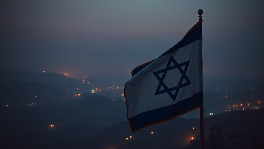 Cinematic image of the Israeli flag glowing at dawn, symbolizing spiritual awareness.