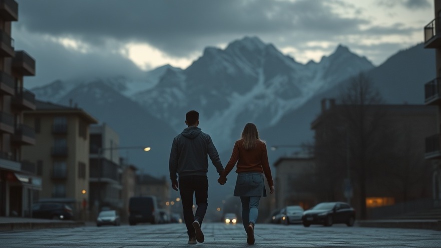 A couple walks confidently through a mountain city at dusk, embodying spiritual warfare and prayer in marriage.