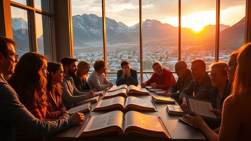 People in prayer and discussion about Spiritual Warfare with Bibles at sunset.