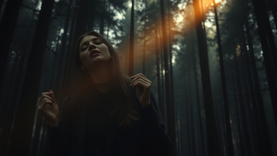 Cindy Jacobs in spiritual warfare, singing prayerfully in a dark forest.