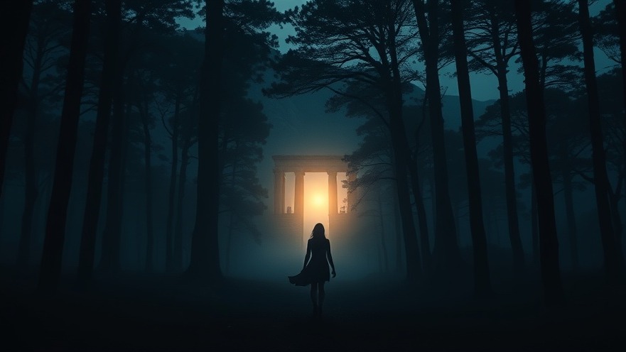 A young woman guided by ethereal light in a dark forest, symbolizing Holy Spirit guidance.