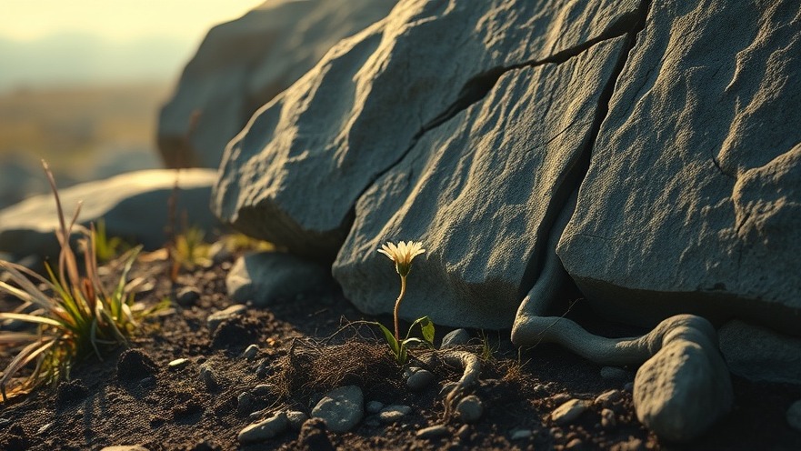 A fragile wildflower defies large cracked stones, symbolizing miracles and healings.