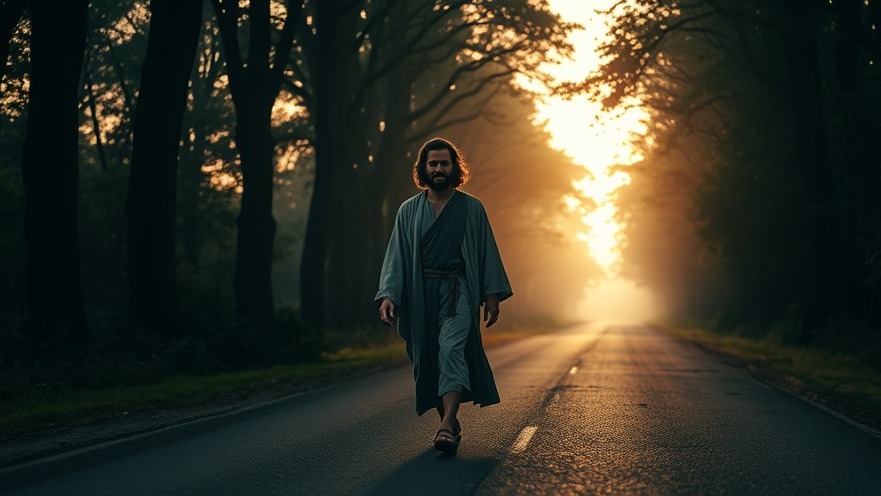 Power of prayer scene: Jesus and a young man walk a misty forest road at dawn.
