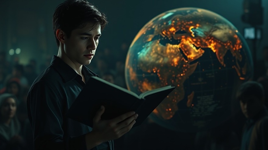 A young man in prophetic clarity reads a glowing book as a crowd surrounds him.