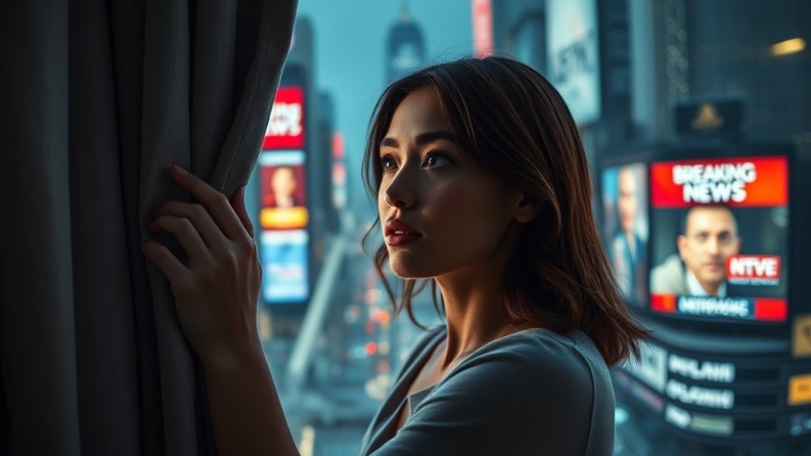 Young woman in deep thought, peering through a curtain at a city with breaking news; Rick Renner insights.