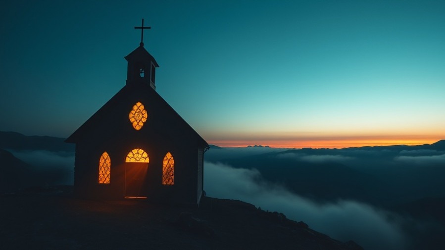 Cinematic dawn view of a church symbolizing revival and spiritual warfare.