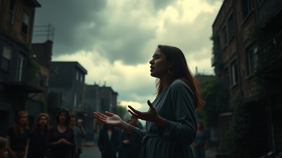 A woman passionately preaching to a crowd, embodying overcoming doubt and faith amidst darkness.