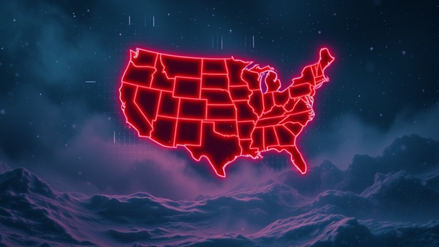 A cinematic winter storm scene showcasing the U.S. states outlined in neon red, symbolizing intercession and economic revival.
