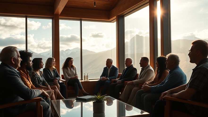 Diverse group discussing Christian goal setting in a modern mountain house.