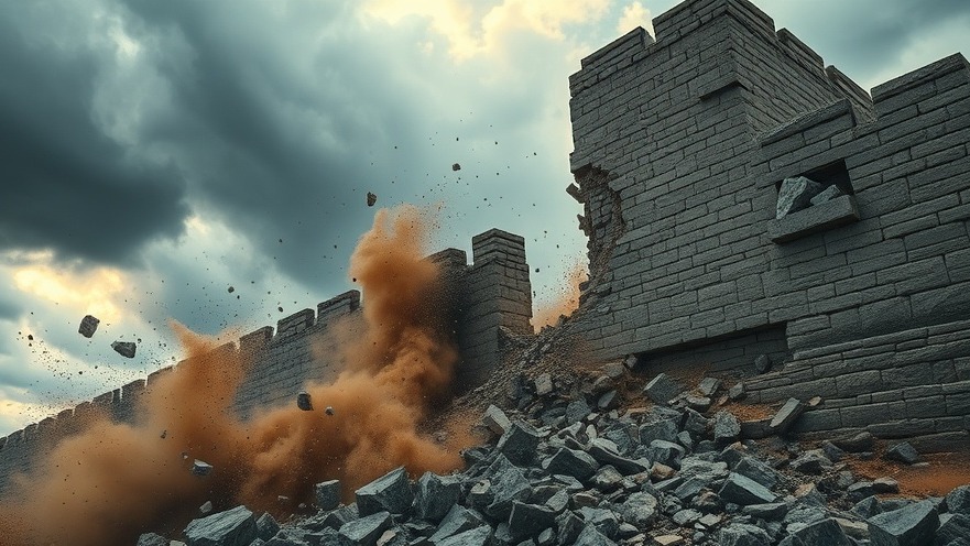 A collapsed ancient stone wall under a stormy sky, symbolizing prayer for divine guidance.