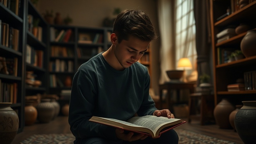 Young man in prayer for spiritual awakening in a cozy living room.