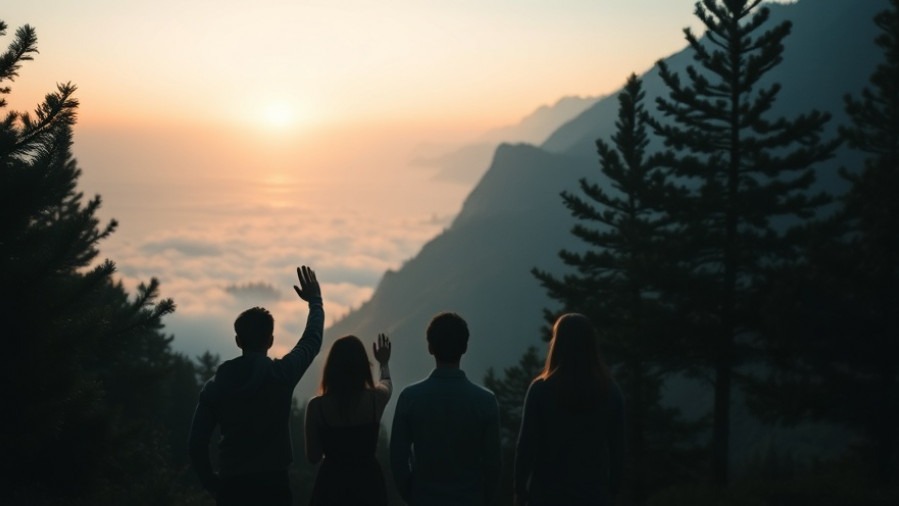 A group worships among pine trees, embracing the power of prayer at dawn.