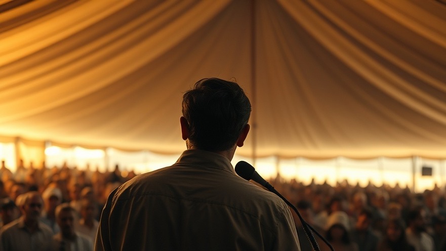 Mario Murillo addressing a diverse audience under a vast tent, embodying revival and community support.