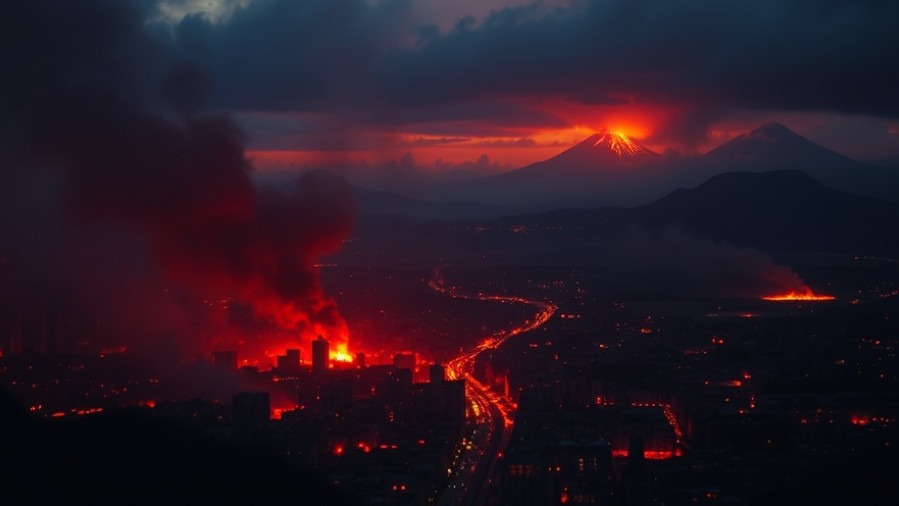 JosephZ's portrayal of spiritual warfare: a burning city amidst apocalyptic chaos.