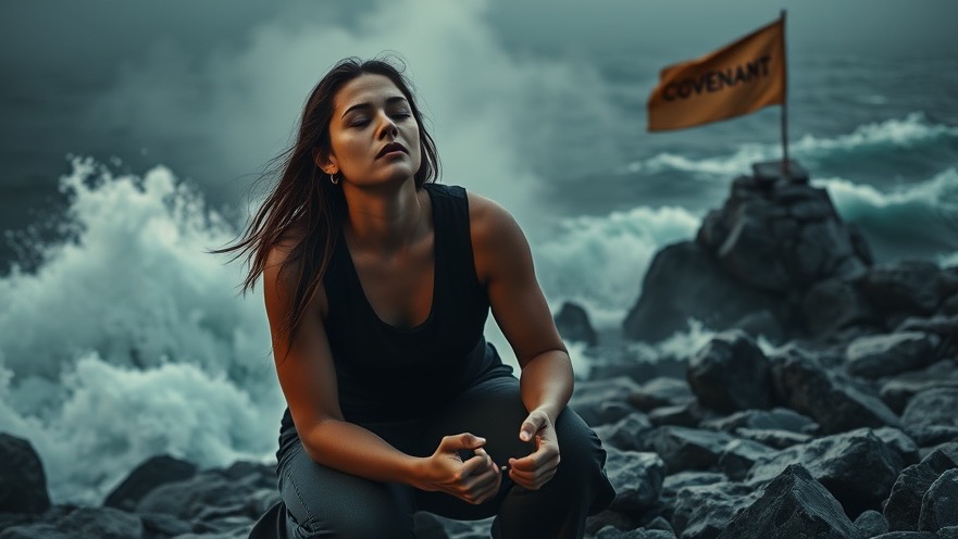 Young woman in prayer by stormy sea, embodying Nehemiah's Resolve like David vs Goliath.