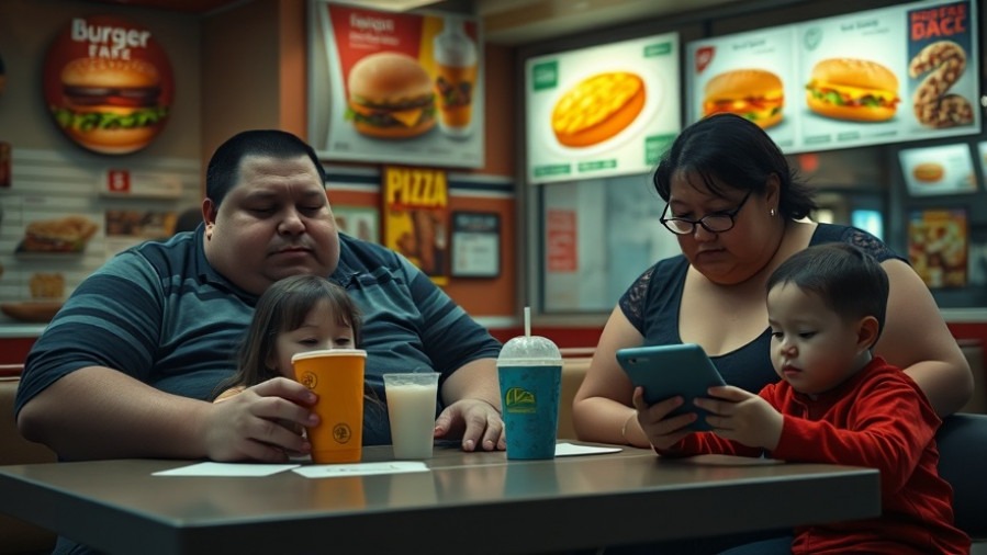 A dim fast-food scene with overweight parents and kids, depicting obesity and faith challenges.