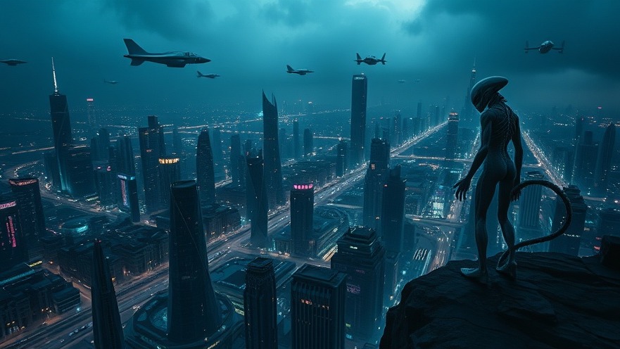 Futuristic cyber city with neon lights and hovering ships in cinematic view, linked to economic surge.