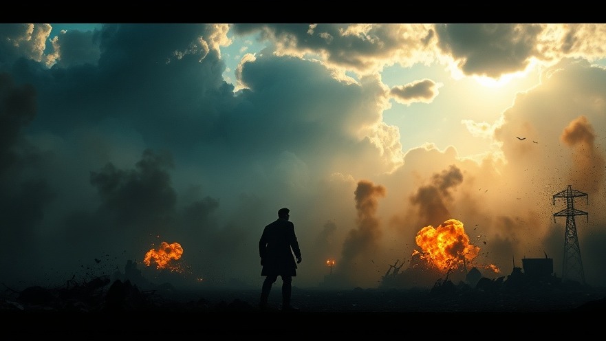 A lone figure faces a shadowy presence on a chaotic battlefield, embodying 2028 Turning.