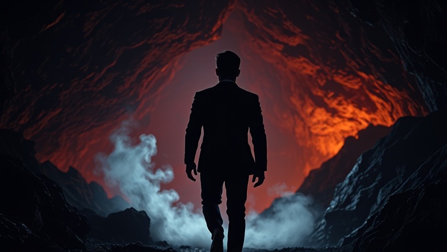 Young man in suit entering fiery cave, embodying prophetic insights and trials.