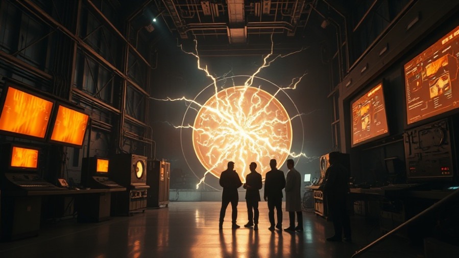 CERN's Large Hadron Collider: Scientists observe a glowing portal in a tense, futuristic lab.