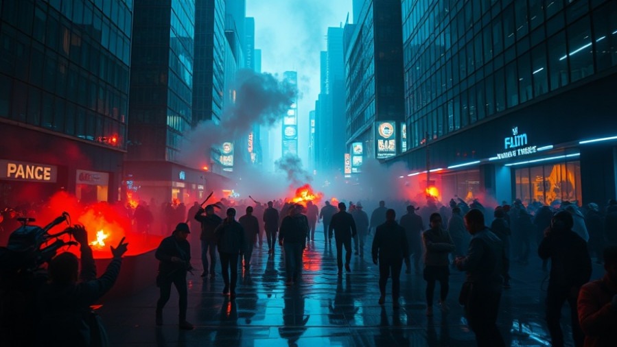 Dramatic scene of futuristic riots symbolizing spiritual warfare in a modern city.
