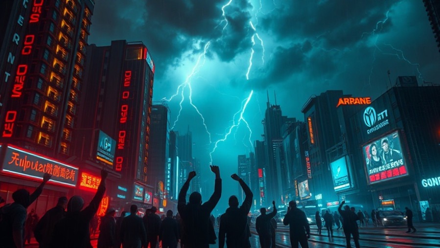 Dramatic scene of spiritual warfare in a stormy neon city, showcasing rebellion.
