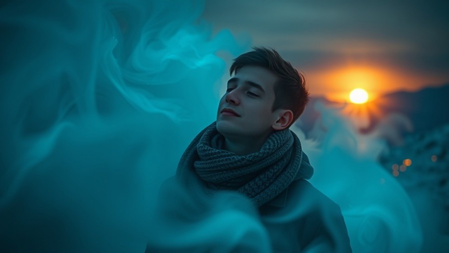 Young man in snowy mountains at dawn, embodying revival and intercession amid mist.