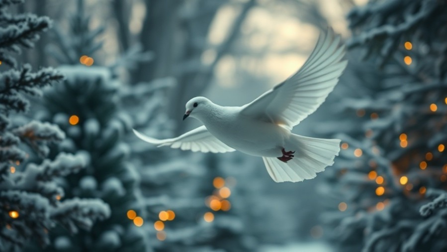 A white dove flying joyfully through a snowy forest at dawn, embodying spiritual warfare and hope.