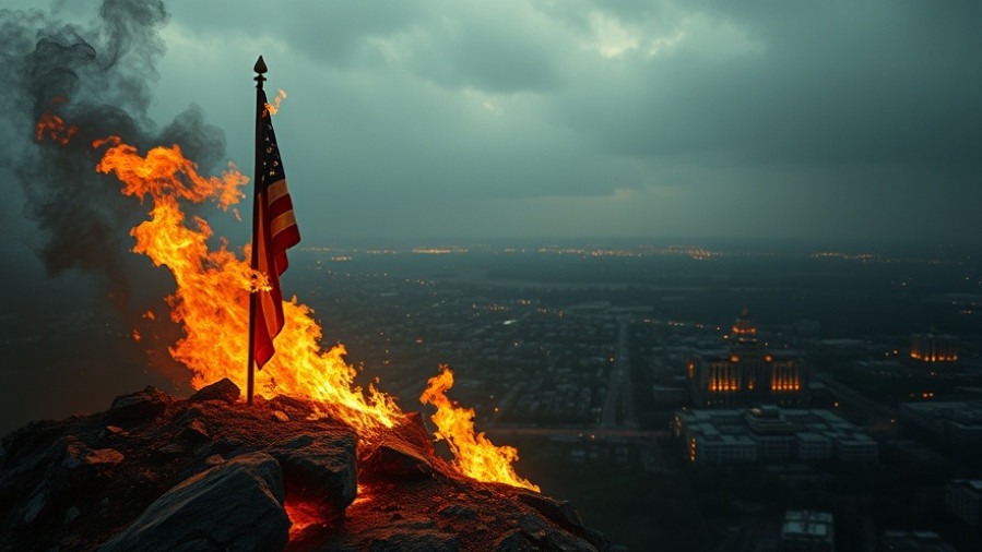 American flag burning on a rocky mountain, symbolizing spiritual warfare and revival.